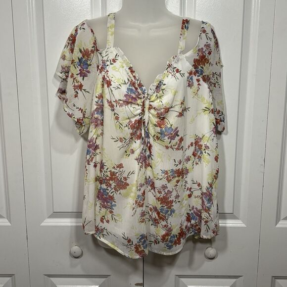Maurice's Blouse Womens Plus 1X Floral Cold Shoulder Ruched Boho Cottagecore - Picture 1 of 10